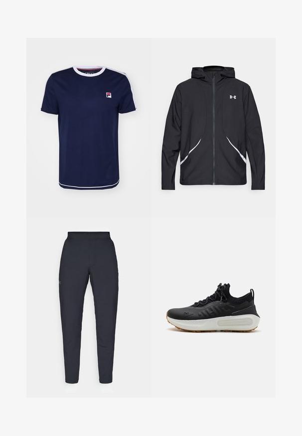 Casaco preto com capuz e fecho de correr, detalhes brancos e logótipo, apresentando mangas compridas e um tecido liso e elegante.; T-shirt azul marinho de mangas curtas com um colarinho redondo branco, apresentando detalhes em riscas vermelhas e brancas nos ombros e um emblema.; Calças de desporto negras com uma textura suave, corte justo, cintura elástica e bolsos laterais. Apresenta um pequeno logótipo na coxa esquerda.; Sapatilha desportiva preta com parte superior texturizada, colarinho tipo meia, atacadores cinzentos e entressola branca com um design padrão e sola de borracha.