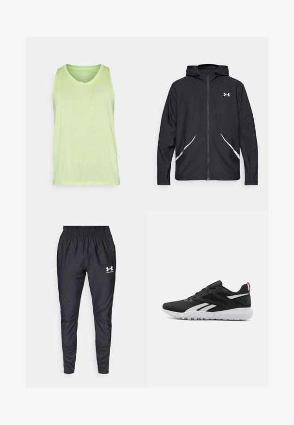 Casaco preto com capuz e fecho de correr, detalhes brancos e logótipo, apresentando mangas compridas e um tecido liso e elegante.; Under Armour LAUNCH - Top - morph green; Under Armour PRO PANT - Calças de fato de treino - black/white; Roupas de atletismo pretas com um acabamento em rede, detalhes em branco, sola texturizada e uma aba no calcanhar vermelha para um toque adicional.