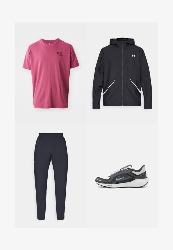 Crna jakna s kapuljačom na patentni zatvarač s bijelim detaljima i logotipom, s dugim rukavima i glatkom, mekanom teksturom tkanine.; Majica s kratkim rukavima od svijetlo ružičastog pamuka, s crnim Under Armour logotipom na lijevoj strani prsiju. Okrugli izrez i glatka tekstura.; Crne sportske hlače s glatkom teksturom, uskih krojeva, elastičnim pojasom i bočnim džepovima. Imaju mali logo na lijevom bedru.; Crne i sive atletske cipele s mrežastim gornjim dijelom, reflektirajućim detaljima i bijelim među-djelom. Imaju strukturiranu gumenu potplate i vezice.