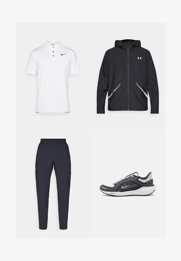 Černá bunda s kapucí na zip, bílými akcenty a logem, s dlouhými rukávy a hladkou, elegantní texturou látky.; Bílá polo košile Nike s klasickým límečkem, třemi černými knoflíky a malým černým logem na levé straně nahoře. Krátké rukávy, hladký povrch.; Černé sportovní kalhoty s hladkou texturou, slim fit, elastickým pasem a bočními kapsami. Na levém stehně je umístěno malé logo.; Černá a šedá sportovní obuv s vrškem z prodyšné síťoviny, reflexními akcenty a bílou mezipodešví. Obsahuje texturovanou gumovou podrážku a tkaničky.