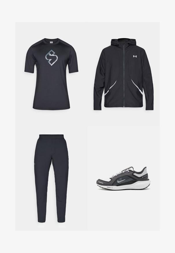Svart hettejakke med glidelås, hvite detaljer og logo, med lange ermer og en glatt, jevn stofftekstur.; Kortermet treningsoverdel i svart med et reflekterende grått logo. Har en jevn tekstur og moderne design med rund hals.; Sorte treningbukser med glatt tekstur, smal passform, elastisk midjebånd og sidelommer. Har en liten logo på venstre lår.; Svart og grå atletisk sko med mesh-overdel, refleksdetaljer og hvit mellomsåle. Har strukturert gummisåle og lisser.