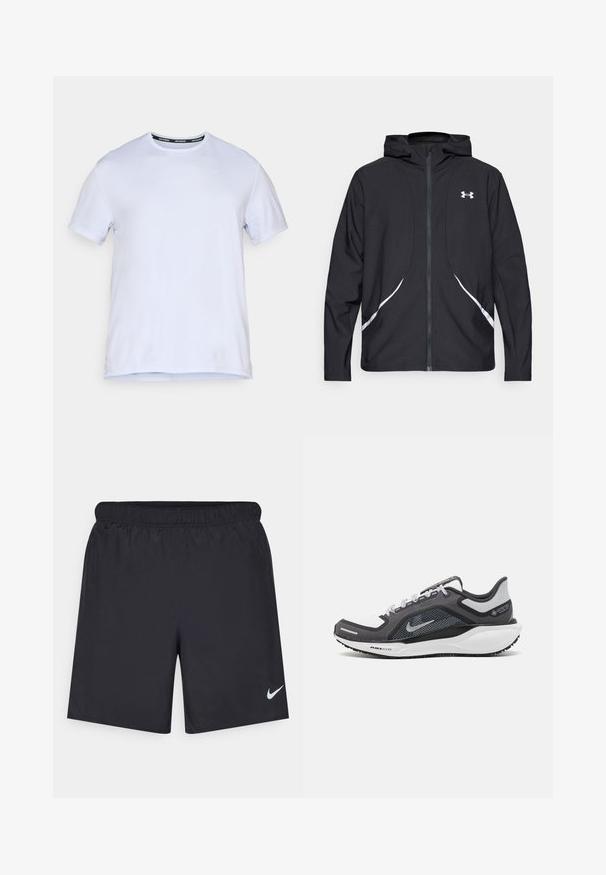 Čierna bunda na zips s kapucňou, bielymi akcentmi a logom, s dlhými rukávmi a hladkou, jemnou textúrou látky.; Biely športový tričko s krátkymi rukávmi, okrúhlym výstrihom a hladkým, ľahkým materiálom. Obsahuje jemné logo na hrudi.; Čierne atletické šortky z ľahkého materiálu s elastickým pásom. Na dolnej ľavej strane majú malé biele logo Nike.; Čierna a sivá športová obuv s vrchnou časťou z priedušného materiálu, reflexné akcenty a biely medzipodrážka. Obsahuje štruktúrovanú gumovú podrážku a šnúrky.