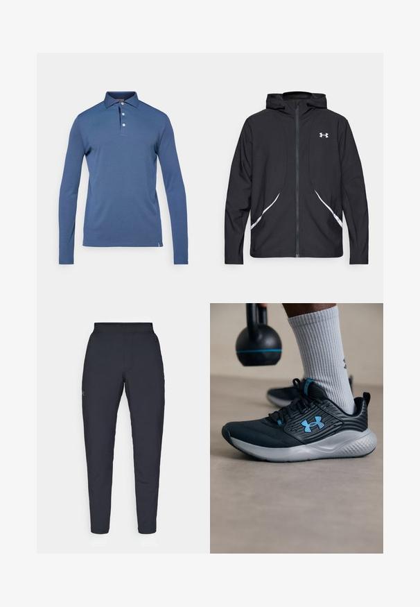 Casaco preto com capuz e fecho de correr, detalhes brancos e logótipo, apresentando mangas compridas e um tecido liso e elegante.; Camisa polo de manga longa em azul-marinho sólido. Feita de um tecido suave com colarinho clássico e pala de três botões. Apresenta um ajuste sob medida.; Calças de desporto negras com uma textura suave, corte justo, cintura elástica e bolsos laterais. Apresenta um pequeno logótipo na coxa esquerda.; Sapatilha atlética preta com detalhes em azul, parte superior texturizada e sola cinza. Usada com meias caneladas cinza, ao lado de um kettlebell preto.