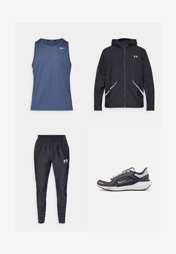 Schwarze Kapuzenjacke mit Reißverschluss, weiß abgesetzte Akzente und Logo, mit langen Ärmeln und einem eleganten, glatten Stoff.; Blaues sportliches Tanktop mit rundem Ausschnitt, aus feuchtigkeitsableitendem Material. Mit kleinem weißen Nike-Logo auf der Brust.; Under Armour PRO PANT - Jogginghose - black/white; Schwarzer und grauer Sportschuh mit einem Mesh-Obermaterial, reflektierenden Akzenten und einer weißen Zwischensohle. Verfügt über eine strukturierte Gummisohle und Schnürsenkel.