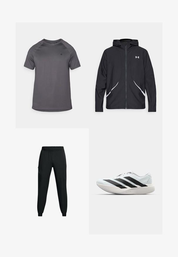 Musta vetoketjullinen huppari valkoisilla yksityiskohdilla ja logolla, jossa on pitkät hihat ja tyylikäs, sileäpintainen kangas.; Harmaa urheilupaita, jossa on pyöreä pääntie, lyhyet raglan-hihat ja sileä pinta. Paidassa on logo vasemmalla puolella.; Mustat urheiluhousut, joissa on joustava vyötärö, kapeneva lahjesuunnittelu, sivutaskut ja kontrastiväriset paneelit. Kevyt, sileä kangas.; Kevyt juoksukengät vaaleansinisinä mustilla raidoilla. Ominaisuuksiin kuuluu sileä pinta, pyöreä kärki ja paksu valkoinen välipohja, joka on merkitty "LIGHTSTRIKE PRO".