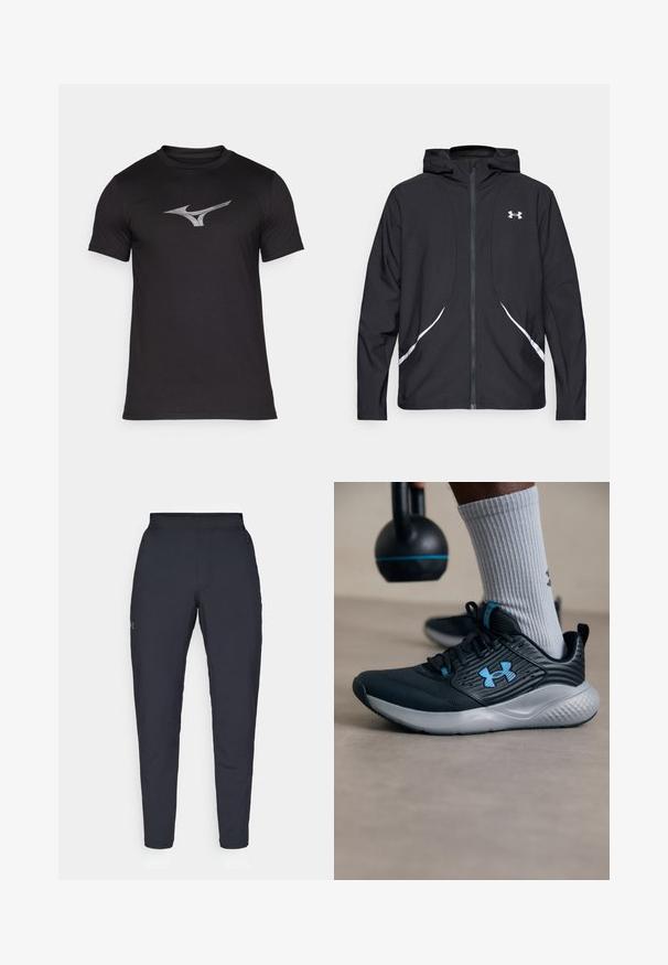 Casaco preto com capuz e fecho de correr, detalhes brancos e logótipo, apresentando mangas compridas e um tecido liso e elegante.; T-shirt atlético preto feito de tecido leve. Apresenta um logo prateado na frente, mangas curtas e um design de gola redonda.; Calças de desporto negras com uma textura suave, corte justo, cintura elástica e bolsos laterais. Apresenta um pequeno logótipo na coxa esquerda.; Sapatilha atlética preta com detalhes em azul, parte superior texturizada e sola cinza. Usada com meias caneladas cinza, ao lado de um kettlebell preto.