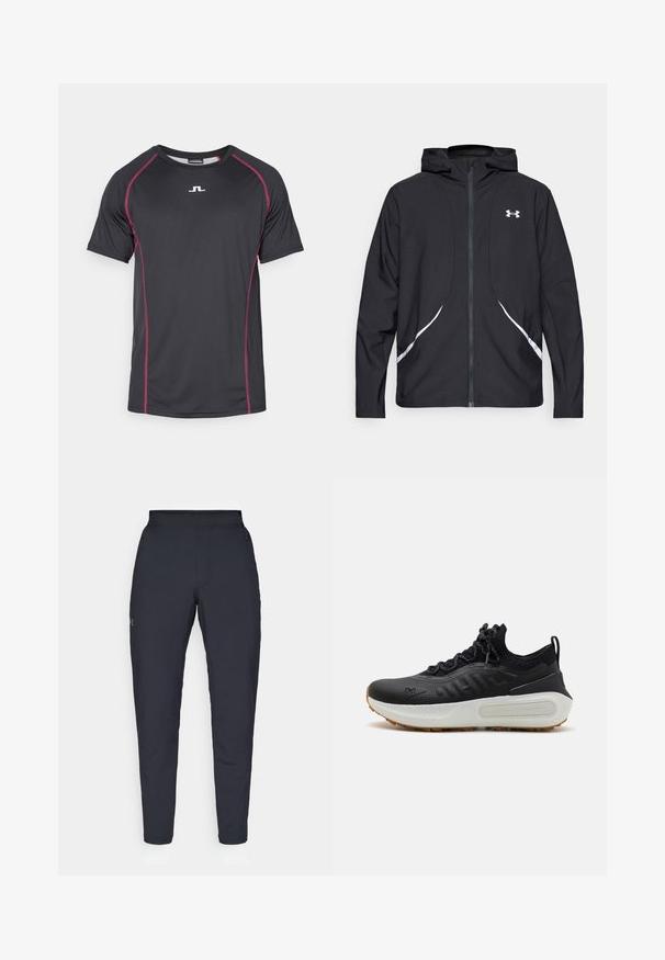 Černá bunda s kapucí na zip, bílými akcenty a logem, s dlouhými rukávy a hladkou, elegantní texturou látky.; Krátký rukáv sportovní tričko vyrobené z černé syntetické tkaniny s růžovým kontrastním šitím a malým bílým logem uprostřed přední části.; Černé sportovní kalhoty s hladkou texturou, slim fit, elastickým pasem a bočními kapsami. Na levém stehně je umístěno malé logo.; Černá sportovní bota s texturovaným svrškem, límcem připomínajícím ponožku, šedými tkaničkami a bílou mezipodešví s vzorovaným designem a gumovou podešví.