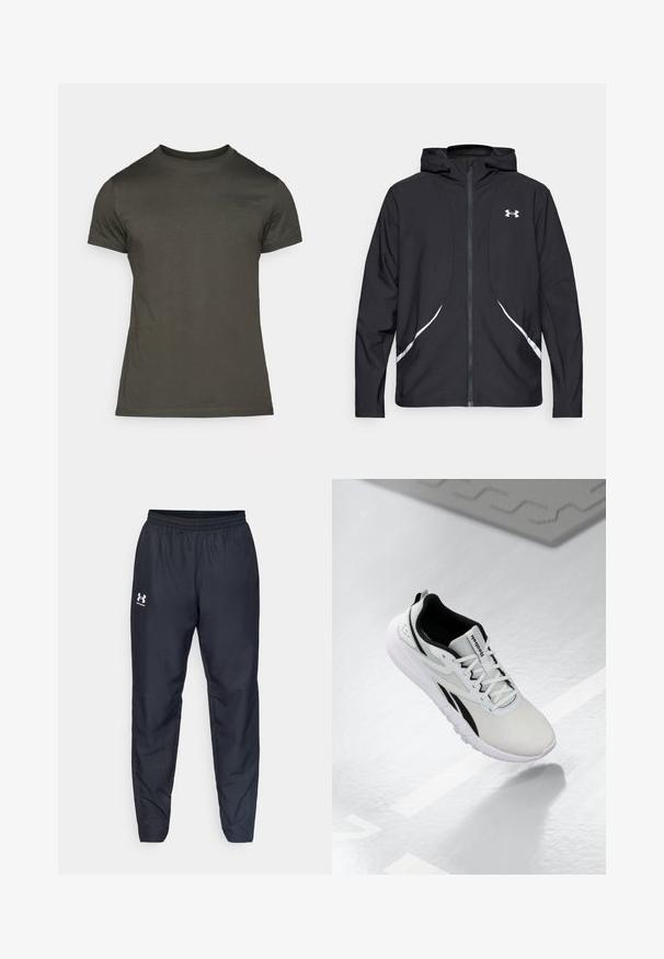 Musta vetoketjullinen huppari valkoisilla yksityiskohdilla ja logolla, jossa on pitkät hihat ja tyylikäs, sileäpintainen kangas.; T-paita tummanoliivinvihreä, lyhyet hihat, pyöreä kaula-aukko, valmistettu pehmeästä puuvillasta, jossa on hienovarainen logo painettuna eteen. Sileä pinta, rento istuvuus.; Mustat urheiluhousut, joissa on joustava vyötärö, kapeat lahkeet ja valkoinen logo sivussa. Valmistettu kevyestä, kestävästä kankaasta.; Vaaleanharmaat urheilukengät, joissa on mustia yksityiskohtia, teksturoitu verkko-osa, pehmustettu pohja ja nauhakiinnitys. Varressa on vetoavain.