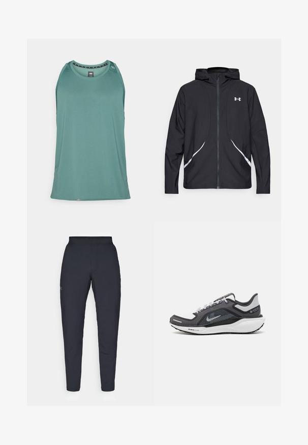 Casaco preto com capuz e fecho de correr, detalhes brancos e logótipo, apresentando mangas compridas e um tecido liso e elegante.; Top sem mangas na cor azul-piscina, feito de um tecido respirável, com um decote redondo e pequenos detalhes decorativos perto do ombro.; Calças de desporto negras com uma textura suave, corte justo, cintura elástica e bolsos laterais. Apresenta um pequeno logótipo na coxa esquerda.; Sapatilha atlética preta e cinza com parte superior em malha, detalhes reflexivos e uma entressola branca. Apresenta uma sola de borracha texturizada e atacadores.