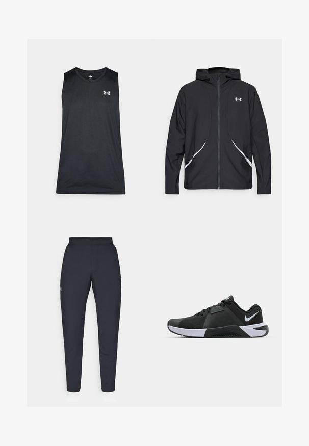 Sort lynlåstrøje med hætte, hvide detaljer og logo, med lange ærmer og en glat, glat stoftekstur.; Sort atletisk tanktop med rund halsudskæring, ærmeløs design og kontrastfuldt hvidt logo på øverste venstre bryst. Glat stoftekstur.; Sorte atletiske bukser med en glat overflade, tætsiddende pasform, elastisk talje og sidelommer. Indeholder et lille logo på venstre lår.; Nike Performance METCON 10 - Træningssko - black/white/anthracite