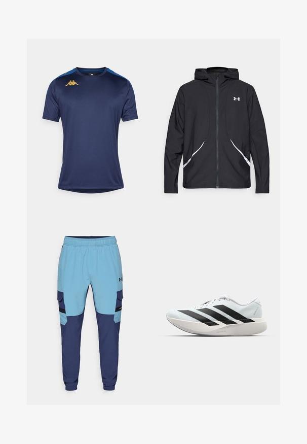 Casaco preto com capuz e fecho de correr, detalhes brancos e logótipo, apresentando mangas compridas e um tecido liso e elegante.; Kappa T-shirt desportiva - blue marine/blue; Calças de moletom azuis e marinhas com um cós elástico, bolsos laterais e detalhes ao estilo cargo. Feitas de tecido suave e respirável.; Tênis de corrida leves em azul pálido com riscas pretas. Apresentam um cabedal liso, bico redondo e uma entressola espessa branca rotulada como "LIGHTSTRIKE PRO."