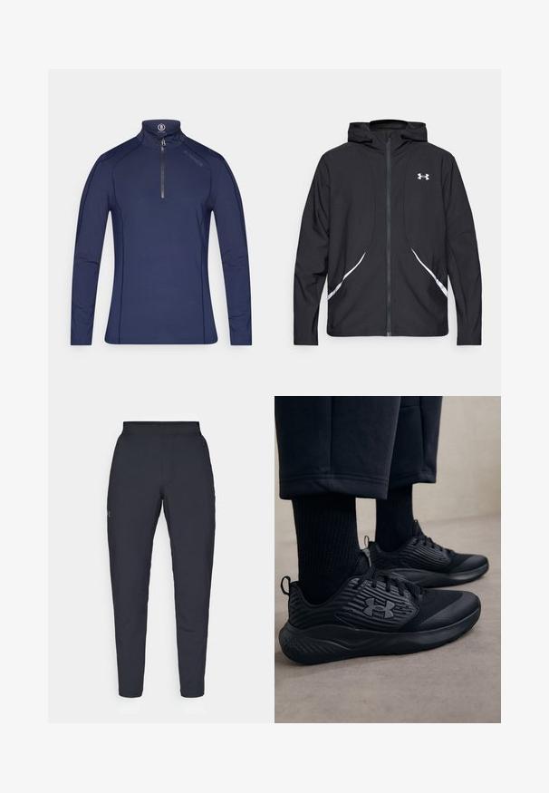 Casaco preto com capuz e fecho de correr, detalhes brancos e logótipo, apresentando mangas compridas e um tecido liso e elegante.; Pullover de manga longa azul-marinho com meio fecho em tecido liso e elástico. Apresenta costuras contrastantes e um colarinho alto com uma etiqueta da marca.; Calças de desporto negras com uma textura suave, corte justo, cintura elástica e bolsos laterais. Apresenta um pequeno logótipo na coxa esquerda.; Pessoa a usar ténis de desporto pretos com lados texturizados e logótipo, combinados com meias pretas e calças curtas num chão claro.