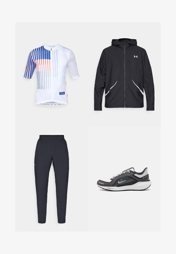 Musta vetoketjullinen huppari valkoisilla yksityiskohdilla ja logolla, jossa on pitkät hihat ja tyylikäs, sileäpintainen kangas.; Valkoinen pyöräilypaita, jossa on sinisiä ja oransseja pystyraitoja, lyhyet hihat, verkkokangas sivupaneeleissa ja etuvetoketju. Mukana "LE COL" -merkki.; Mustat urheiluhousut, joissa on sileä pinta, kapea malli, joustava vyötäkuja ja sivutaskut. Vasemmassa reisissä on pieni logo.; Musta ja harmaa urheilukenka, jossa on verkkopäällinen, heijastavat yksityiskohdat ja valkoinen välipohja. Varustettu kuvioidulla kumipohjalla ja nauhoilla.
