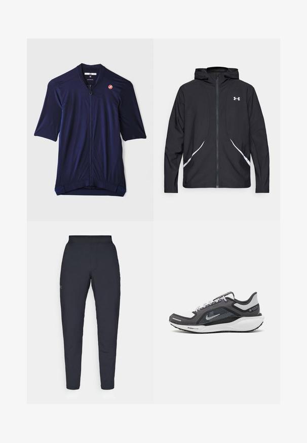 Musta vetoketjullinen huppari valkoisilla yksityiskohdilla ja logolla, jossa on pitkät hihat ja tyylikäs, sileäpintainen kangas.; Laivastonsininen pyöräilypaita, lyhythihainen, täyspitkä vetoketju, teksturoitu kangas, Castelli-logo vasemmassa rinnassa, takahalkio pidennetty peittävyyden lisäämiseksi.; Mustat urheiluhousut, joissa on sileä pinta, kapea malli, joustava vyötäkuja ja sivutaskut. Vasemmassa reisissä on pieni logo.; Musta ja harmaa urheilukenka, jossa on verkkopäällinen, heijastavat yksityiskohdat ja valkoinen välipohja. Varustettu kuvioidulla kumipohjalla ja nauhoilla.