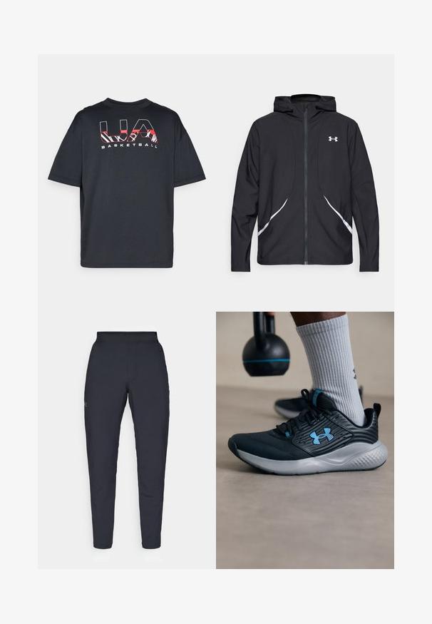 Chaqueta negra con capucha y cremallera, con detalles y logotipo en blanco, mangas largas y una textura de tela lisa y elegante.; Camiseta negra de manga corta con un corte relajado, que presenta texto gráfico en rojo y blanco "UA BASKETBALL" en el frente. Textura de tela suave.; Pantalones deportivos negros con una textura suave, corte ajustado, cinturilla elástica y bolsillos laterales. Presentan un pequeño logo en el muslo izquierdo.; Zapatilla deportiva negra con acentos azules, parte superior texturizada y suela gris. Llevada con calcetines grises de canalé, al lado de una kettlebell negra.