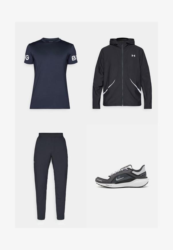 Casaco preto com capuz e fecho de correr, detalhes brancos e logótipo, apresentando mangas compridas e um tecido liso e elegante.; T-shirt atlético de manga curta azul-marinho com decote redondo; apresenta detalhes de logotipo brancos em ambas as mangas e uma textura lisa e elástica.; Calças de desporto negras com uma textura suave, corte justo, cintura elástica e bolsos laterais. Apresenta um pequeno logótipo na coxa esquerda.; Sapatilha atlética preta e cinza com parte superior em malha, detalhes reflexivos e uma entressola branca. Apresenta uma sola de borracha texturizada e atacadores.