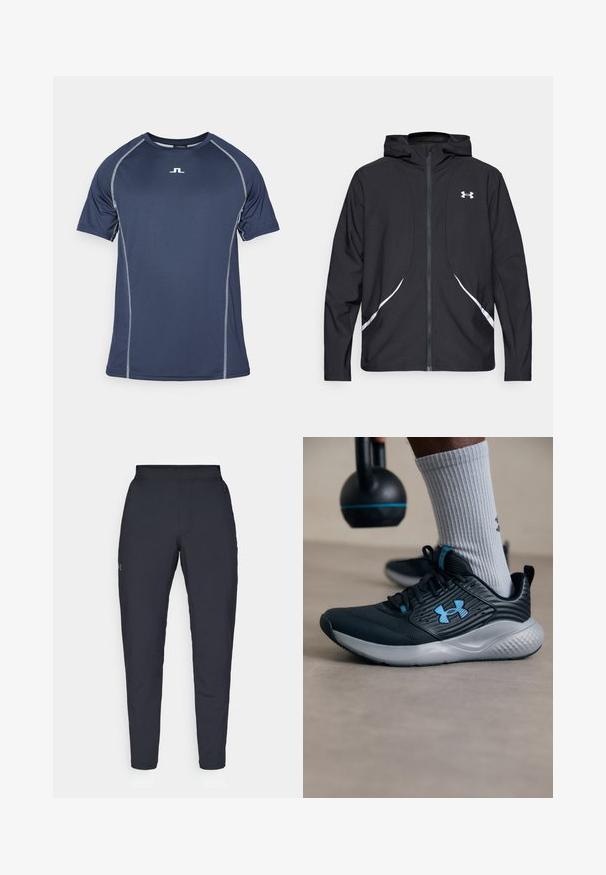 Casaco preto com capuz e fecho de correr, detalhes brancos e logótipo, apresentando mangas compridas e um tecido liso e elegante.; T-shirt desportivo azul-marinho com mangas curtas, costura cinza em contraste e um pequeno logótipo no peito. Feito de material que absorve a umidade.; Calças de desporto negras com uma textura suave, corte justo, cintura elástica e bolsos laterais. Apresenta um pequeno logótipo na coxa esquerda.; Sapatilha atlética preta com detalhes em azul, parte superior texturizada e sola cinza. Usada com meias caneladas cinza, ao lado de um kettlebell preto.