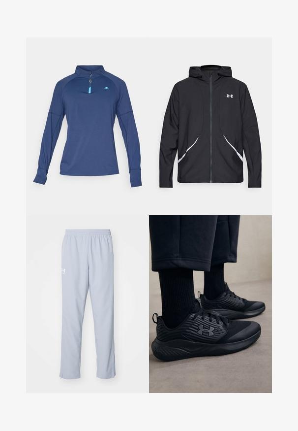 Casaco preto com capuz e fecho de correr, detalhes brancos e logótipo, apresentando mangas compridas e um tecido liso e elegante.; Camisola desportiva de manga longa azul-marinho com colarinho de meia-zíper, detalhes azuis, mangas raglan e tecido suave e leve.; Calças de desporto azul claro com uma cintura elástica, bolsos laterais e fechos nos tornozelos. Apresenta um logo branco na coxa esquerda.; Pessoa a usar ténis de desporto pretos com lados texturizados e logótipo, combinados com meias pretas e calças curtas num chão claro.