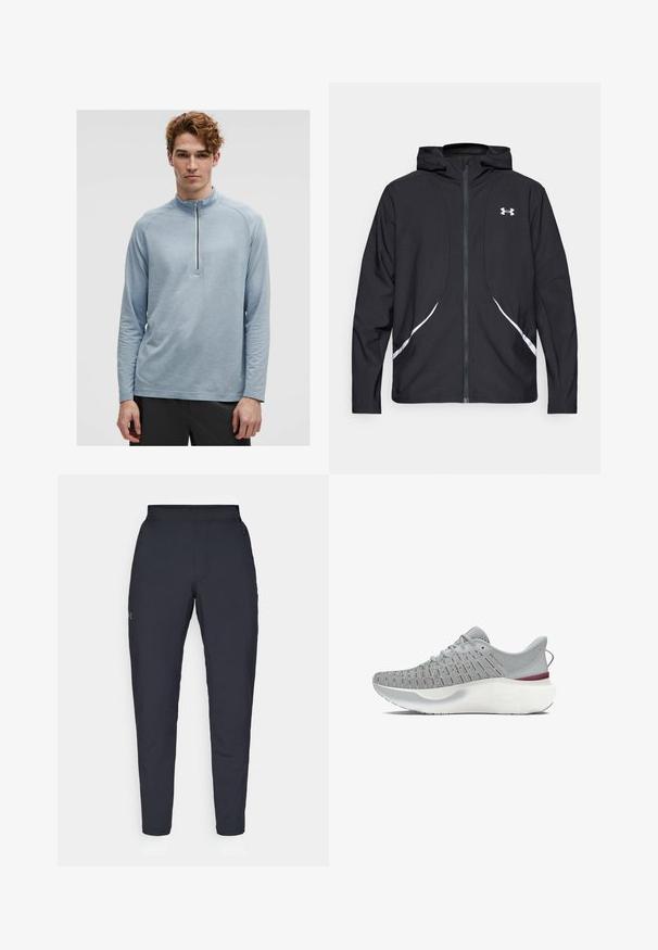 Črna jakna s kapuco na zadrgo z belimi poudarki in logotipom, z dolgimi rokavi in gladko, sijočo tkanino.; Svijetloplava majica dugih rukava s patentnim zatvaračem, teksturiranim uzorkom, visokim ovratnikom i raglan rukavima. Tkanina izgleda mekano i prozračno.; Črne atletske hlače z gladko teksturo, ožjega kroja, elastičnim pasom in stranskimi žepi. Imajo majhen logotip na levem stegnu.; Sive superge za tek z mrežasto zgornjim delom, ki ima rdeče detajle, debelim belim podplatom in teksturiranim dizajnom za oprijem.