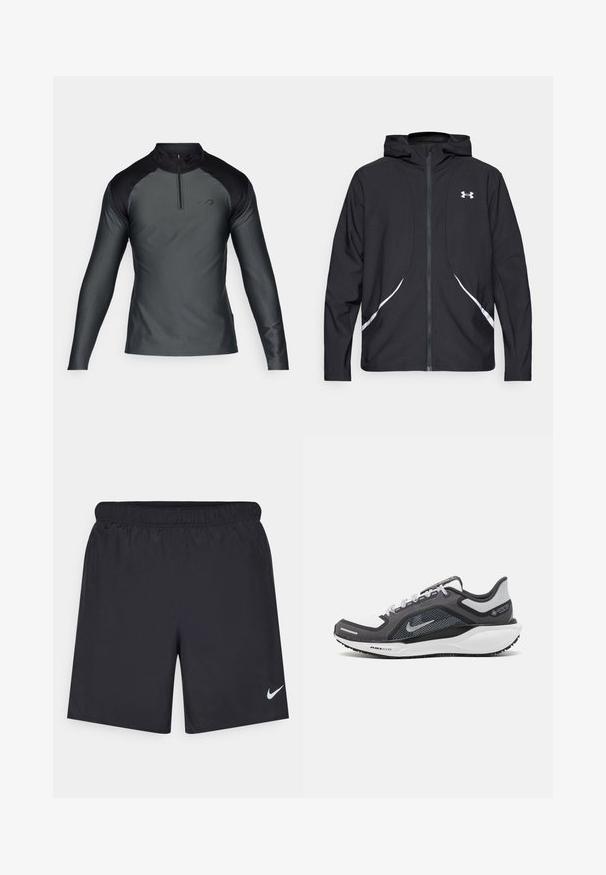 Jachetă neagră cu glugă și fermoar, cu accente și logo alb, având mâneci lungi și o textură elegantă, netedă a țesăturii.; Pulover sport cu mânecă lungă, de culoare gri închis, cu umeri negri și guler cu fermoar pe jumătate în față, pe un fundal alb simplu.; Pantaloni scurți atletici negri, fabricați dintr-un material ușor, cu un talie elastică. Au un mic logo alb Nike în partea stângă jos.; Încălțăminte sport neagră și gri, cu partea superioară din plasă, accente reflectorizante și o talpă intermediară albă. Dispune de o talpă din cauciuc texturat și șireturi.