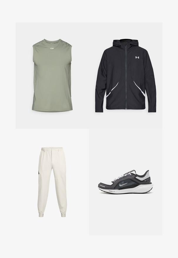 Črna jakna s kapuco na zadrgo z belimi poudarki in logotipom, z dolgimi rokavi in gladko, sijočo tkanino.; Telovadna majica brez rokavov v olivno zeleni barvi, ki vključuje mrežne panele za zračnost, okroglo izrezana in ima subtilno logotip na sprednji strani.; Lahki bež jogger hlače z elastičnim pasom, stranskimi žepi in rebrastimi manšetami; imajo črn logotip na levi boki.; Črne in sive atletske čevlje z mrežasto zgornjim delom, odsevnimi detajli in belim srednjim podplatom. Imajo strukturiran gumijast podplat in vezalke.