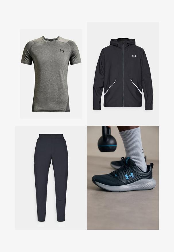 Musta vetoketjullinen huppari valkoisilla yksityiskohdilla ja logolla, jossa on pitkät hihat ja tyylikäs, sileäpintainen kangas.; Lyhythihainen urheilupaita harmaana, valmistettu tekstuuri-kankaasta. Ominaisuuksina pyöreä kaula-aukko ja pieni musta logo rinnassa. Sivupaneelit tummemmassa harmaassa.; Mustat urheiluhousut, joissa on sileä pinta, kapea malli, joustava vyötäkuja ja sivutaskut. Vasemmassa reisissä on pieni logo.; Mustat urheilukengät sinisillä yksityiskohdilla, teksturoitu pinta ja harmaa pohja. Vaatteena harmaat ribbited socksit, mustan kettlebellin vieressä.