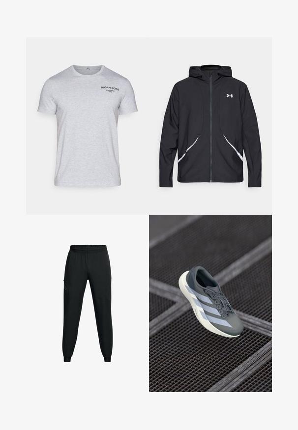 Schwarze Kapuzenjacke mit Reißverschluss, weiß abgesetzte Akzente und Logo, mit langen Ärmeln und einem eleganten, glatten Stoff.; Hellgraues Baumwoll-T-Shirt mit kurzen Ärmeln und Rundhalsausschnitt. Schwarzes Logo auf der oberen linken Brustseite gedruckt.; Schwarze Sporthose mit elastischem Bund, tailliertem Bein-Design, seitlichen Taschen und kontrastierenden Paneeldetails. Leichter, glatter Stoff.; Sportsschuh in Grau und Weiß, aus synthetischem Material gefertigt, mit einem schlanken Design, strukturiertem Finish und ausgeprägtem Schnürsystem.