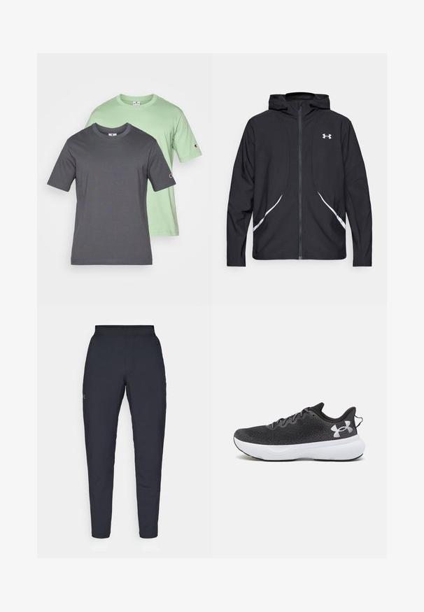 Black zip-up hooded jacket with white accents and logo, featuring long sleeves and a sleek, smooth fabric texture.; Two short-sleeved t-shirts, one gray and one mint green, made of cotton with crew necks and logo detail on left sleeves.; Black athletic pants with a smooth texture, slim fit, elastic waistband, and side pockets. Features a small logo on the left thigh.; Black athletic shoes with a textured mesh upper, white cushioning sole, and black laces, featuring a prominent white logo on the heel.