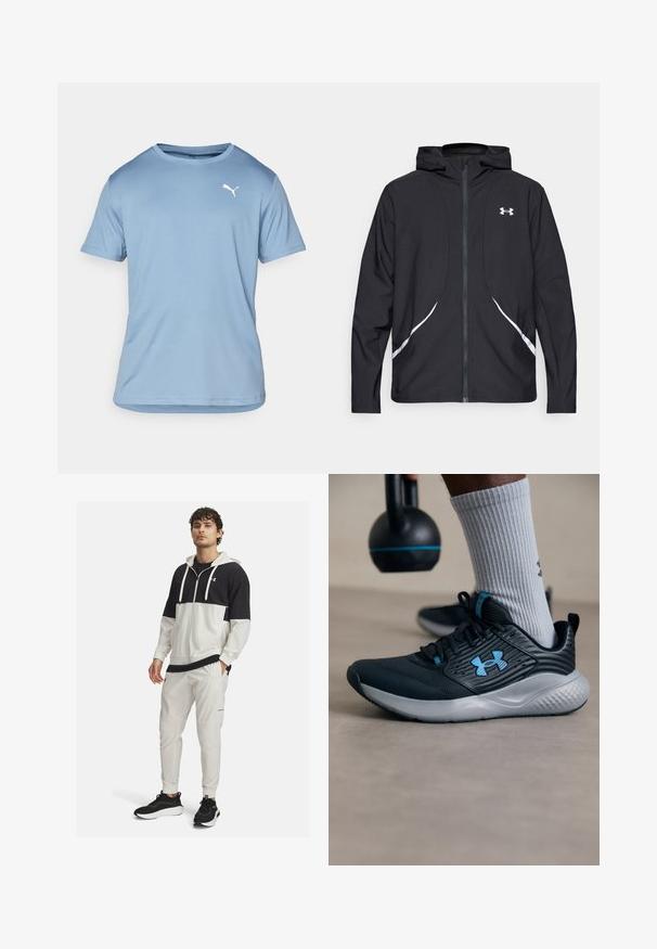 Musta vetoketjullinen huppari valkoisilla yksityiskohdilla ja logolla, jossa on pitkät hihat ja tyylikäs, sileäpintainen kangas.; Vaaleansininen lyhytnhihainen urheilupaita, joka on valmistettu hengittävästä materiaalista. Paidassa on pyöreä kaula-aukko ja valkoinen Puma-logo vasemmassa ylärinnassa.; Huppari urheilujakusta mustana ja valkoisena, jota koristaa vetoketjukiinnitys; yhdistettynä valkoisiin verryttelyhousuihin, joissa on taskut ja joustavat hihnat; mustat lenkkarit.; Mustat urheilukengät sinisillä yksityiskohdilla, teksturoitu pinta ja harmaa pohja. Vaatteena harmaat ribbited socksit, mustan kettlebellin vieressä.