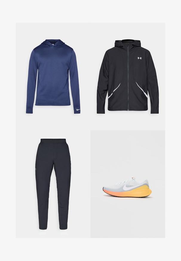 Casaco preto com capuz e fecho de correr, detalhes brancos e logótipo, apresentando mangas compridas e um tecido liso e elegante.; Hoodie de manga longa azul-marinho, tecido suave com padrão texturizado, apresentando um bolso frontal, capuz com cordão e um pequeno logótipo branco na manga.; Calças de desporto negras com uma textura suave, corte justo, cintura elástica e bolsos laterais. Apresenta um pequeno logótipo na coxa esquerda.; Sapatilha de corrida azul clara com um upper de malha respirável. Apresenta um swoosh branco, entressola laranja e amarela, e sola preta para tração.