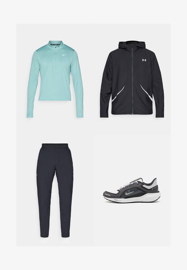 Casaco preto com capuz e fecho de correr, detalhes brancos e logótipo, apresentando mangas compridas e um tecido liso e elegante.; Camisola atlética de manga longa em teal claro com um colarinho de meia zip e o logo branco da Nike no lado esquerdo do peito. Tecido suave e elástico.; Calças de desporto negras com uma textura suave, corte justo, cintura elástica e bolsos laterais. Apresenta um pequeno logótipo na coxa esquerda.; Sapatilha atlética preta e cinza com parte superior em malha, detalhes reflexivos e uma entressola branca. Apresenta uma sola de borracha texturizada e atacadores.