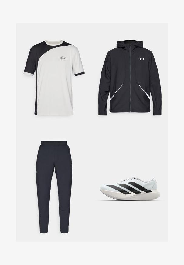 Casaco preto com capuz e fecho de correr, detalhes brancos e logótipo, apresentando mangas compridas e um tecido liso e elegante.; Camiseta de mangas curtas com um design em blocos de cores preto e branco, feita de tecido leve. Inclui o logotipo EA7 no peito.; Calças de desporto negras com uma textura suave, corte justo, cintura elástica e bolsos laterais. Apresenta um pequeno logótipo na coxa esquerda.; Tênis de corrida leves em azul pálido com riscas pretas. Apresentam um cabedal liso, bico redondo e uma entressola espessa branca rotulada como "LIGHTSTRIKE PRO."