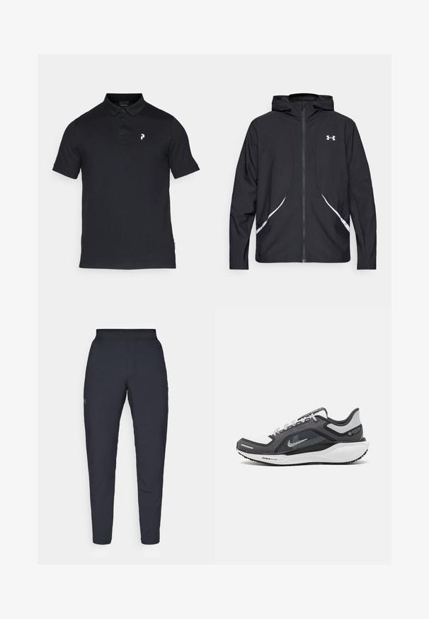 Casaco preto com capuz e fecho de correr, detalhes brancos e logótipo, apresentando mangas compridas e um tecido liso e elegante.; Polo preto feito de algodão, com colarinho, três botões e um pequeno logótipo branco no lado esquerdo do peito. Mangas curtas, ajuste clássico.; Calças de desporto negras com uma textura suave, corte justo, cintura elástica e bolsos laterais. Apresenta um pequeno logótipo na coxa esquerda.; Sapatilha atlética preta e cinza com parte superior em malha, detalhes reflexivos e uma entressola branca. Apresenta uma sola de borracha texturizada e atacadores.