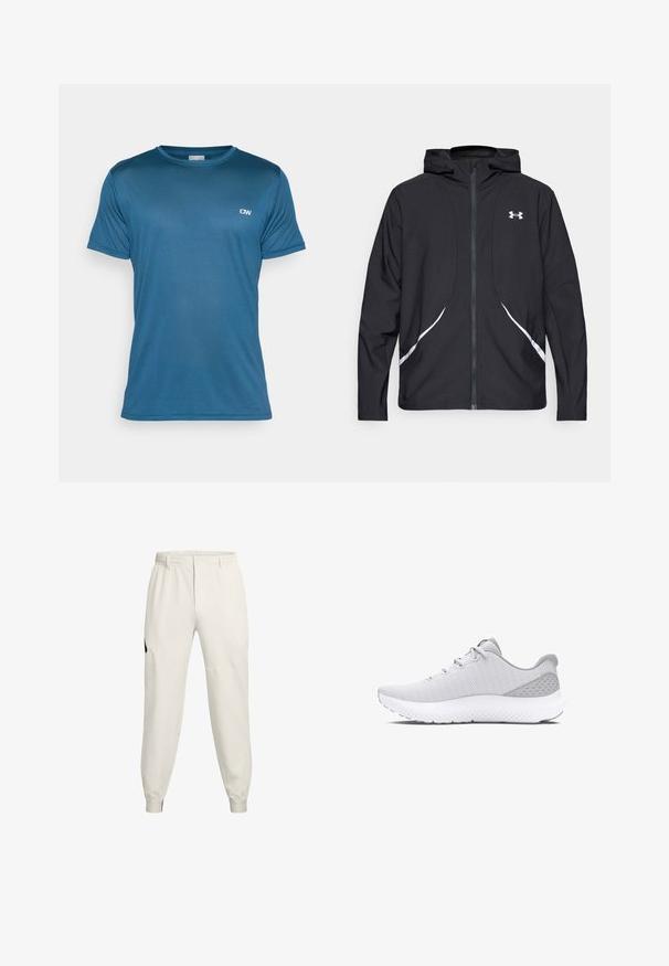 Schwarze Kapuzenjacke mit Reißverschluss, weiß abgesetzte Akzente und Logo, mit langen Ärmeln und einem eleganten, glatten Stoff.; Blaues, kurzärmeliges Sport-T-Shirt aus strukturiertem Stoff mit Rundhalsausschnitt; verfügt über ein kleines Logo auf der oberen linken Seite.; Hellbeige Jogginghosen mit elastischem Bund, Seitentaschen und gerippten Bündchen; mit einem schwarzen Logo-Akzent an der linken Hüfte.; Helle graue Sportschuh mit einem strukturierten Mesh-Obermaterial, abgerundetem Zehenbereich, gepolstertem weißen Zwischensohlenelement und minimalistischem Design mit gemusterten Akzenten.