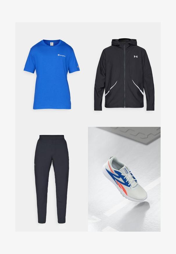 Casaco preto com capuz e fecho de correr, detalhes brancos e logótipo, apresentando mangas compridas e um tecido liso e elegante.; T-shirt de algodão azul com mangas curtas e decote redondo. Apresenta um pequeno logotipo branco "Champion" no peito e detalhe do logotipo na manga.; Calças de desporto negras com uma textura suave, corte justo, cintura elástica e bolsos laterais. Apresenta um pequeno logótipo na coxa esquerda.; Sapatilha atlética branca com detalhes em azul e vermelho, com os atacadores atados e flutuando acima de um chão cinza claro, com uma linha e um tapete ao fundo.