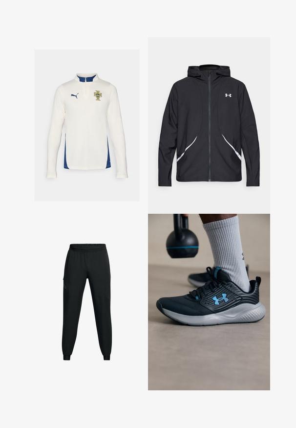 Crna jakna s kapuljačom na patentni zatvarač s bijelim detaljima i logotipom, s dugim rukavima i glatkom, mekanom teksturom tkanine.; Puma dugi rukav dres u krem boji s plavim bočnim panelima. Ima polu-zip ovratnik i vezenu oznaku na prsima. Teksturirana tkanina.; Crne atletske hlače s elastičnim pojasom, suženim nogavicama, bočnim džepovima i kontrastnim panelima. Lagana, glatka tkanina.; Crne atletske cipele s plavim akcentima, teksturirani gornji dio i sivi đon. Nosi se s sivim rebrastim čarapama, pored crnog kettlebella.