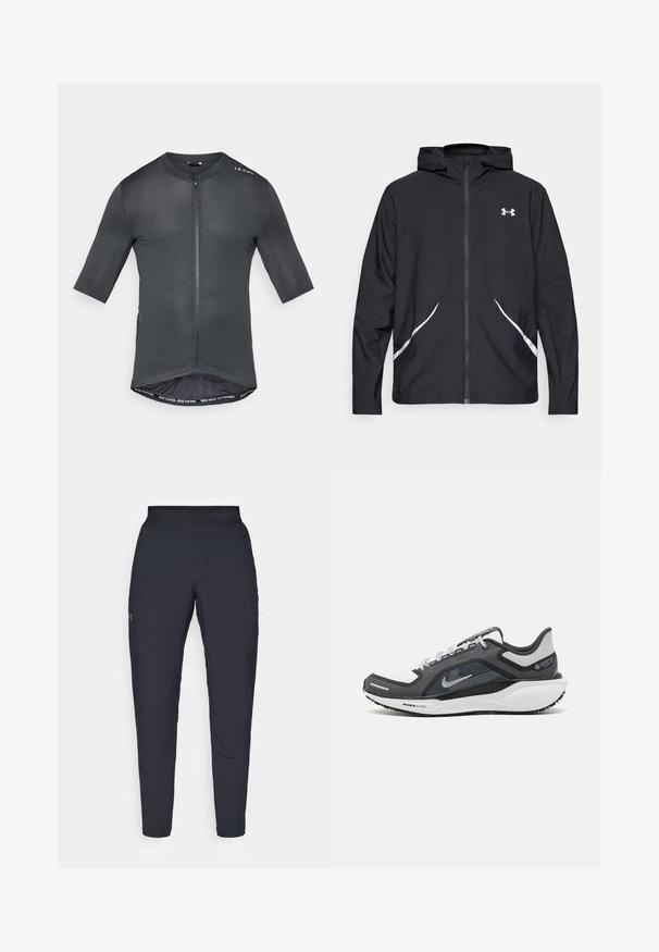 Giacca nera con cappuccio e zip, dettagli bianchi e logo, maniche lunghe e tessuto liscio e lucido.; Maglietta da ciclismo a maniche corte di colore grigio scuro, con zip frontale, tessuto testurizzato e bordo interno a contrasto con il testo "VAI PIÙ VELOCE. VAI PIÙ LONTANO."; Pantaloni sportivi neri con una texture liscia, vestibilità slim, vita elastica e tasche laterali. Presentano un piccolo logo sulla coscia sinistra.; Scarpa da ginnastica nera e grigia con tomaia in rete, dettagli riflettenti e intersuola bianca. Presenta una suola in gomma testurizzata e lacci.