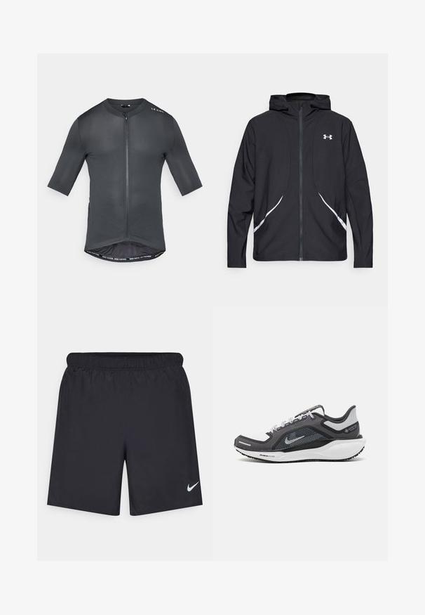 Giacca nera con cappuccio e zip, dettagli bianchi e logo, maniche lunghe e tessuto liscio e lucido.; Maglietta da ciclismo a maniche corte di colore grigio scuro, con zip frontale, tessuto testurizzato e bordo interno a contrasto con il testo "VAI PIÙ VELOCE. VAI PIÙ LONTANO."; Shorts sportivi neri realizzati in materiale leggero con vita elastica. Presentano un piccolo logo Nike bianco sul lato sinistro in basso.; Scarpa da ginnastica nera e grigia con tomaia in rete, dettagli riflettenti e intersuola bianca. Presenta una suola in gomma testurizzata e lacci.