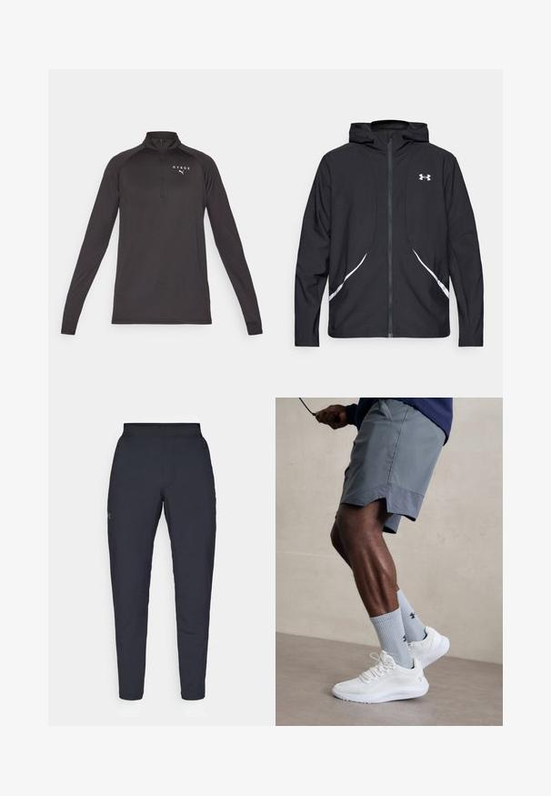Schwarze Kapuzenjacke mit Reißverschluss, weiß abgesetzte Akzente und Logo, mit langen Ärmeln und einem eleganten, glatten Stoff.; Schwarzer Langarmpullover mit einem Viertelreißverschluss, aus einem glatten Stoff gefertigt. Mit einem weißen Logo auf der linken Brustseite.; Schwarze Sporthose mit glatter Textur, schlankem Schnitt, elastischem Bund und seitlichen Taschen. Mit einem kleinen Logo auf dem linken Oberschenkel.; Weiße Sportschuhe mit strukturiertem Mesh-Obermaterial, kombiniert mit hellblauen gerippten Socken mit einem Logo. Graue Sportshorts mit perforiertem Saum.