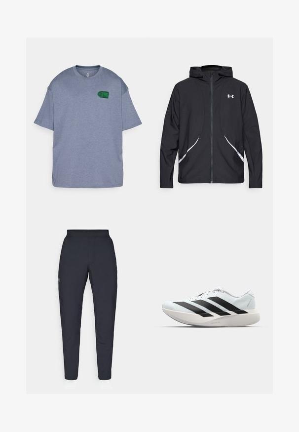 Črna jakna s kapuco na zadrgo z belimi poudarki in logotipom, z dolgimi rokavi in gladko, sijočo tkanino.; Siva kratka majica s kratkimi rokavi iz mehkega blaga, s zeleno grafikoi košarkarske žoge in številko "96" na levem prsnem predelu. Ohlapen kroj.; Črne atletske hlače z gladko teksturo, ožjega kroja, elastičnim pasom in stranskimi žepi. Imajo majhen logotip na levem stegnu.; Lahki tekaški čevlji v svetlo modri barvi z belimi črtami. Imajo gladek zgornji del, okroglo kapico in debel bel srednji podplat z označbo "LIGHTSTRIKE PRO."