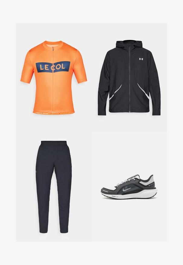 Casaco preto com capuz e fecho de correr, detalhes brancos e logótipo, apresentando mangas compridas e um tecido liso e elegante.; Camisola de ciclismo de manga curta em laranja brilhante com detalhe em azul-marinho e logótipo, fecho éclair frontal completo, textura suave e bainha inferior elástica.; Calças de desporto negras com uma textura suave, corte justo, cintura elástica e bolsos laterais. Apresenta um pequeno logótipo na coxa esquerda.; Sapatilha atlética preta e cinza com parte superior em malha, detalhes reflexivos e uma entressola branca. Apresenta uma sola de borracha texturizada e atacadores.