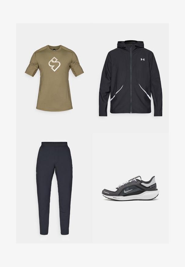Černá bunda s kapucí na zip, bílými akcenty a logem, s dlouhými rukávy a hladkou, elegantní texturou látky.; Olivově zelené tričko s krátkým rukávem vyrobené z pružné tkaniny, s bílým logem na hrudi a plochými švy pro pohodlí.; Černé sportovní kalhoty s hladkou texturou, slim fit, elastickým pasem a bočními kapsami. Na levém stehně je umístěno malé logo.; Černá a šedá sportovní obuv s vrškem z prodyšné síťoviny, reflexními akcenty a bílou mezipodešví. Obsahuje texturovanou gumovou podrážku a tkaničky.