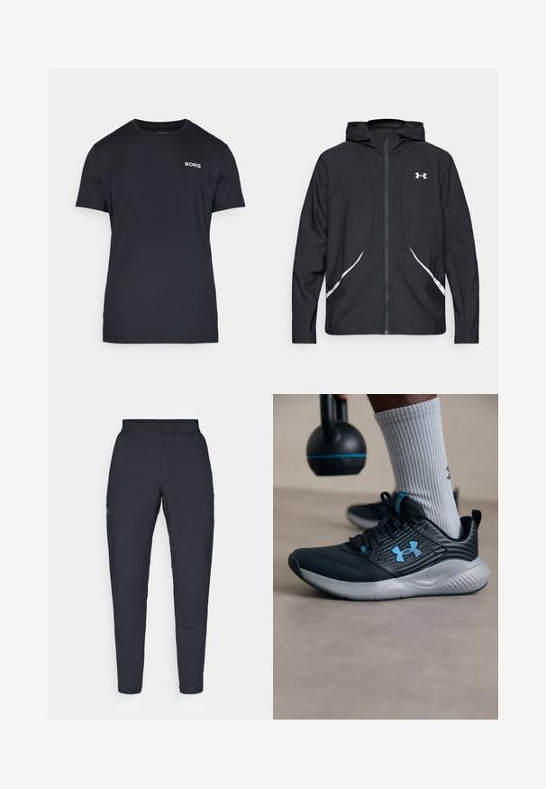 Črna jakna s kapuco na zadrgo z belimi poudarki in logotipom, z dolgimi rokavi in gladko, sijočo tkanino.; Črna majica s kratkimi rokavi iz mehkega blaga, z okroglo izrezom. Bel "BORG" logotip na levem delu prsnega koša.; Črne atletske hlače z gladko teksturo, ožjega kroja, elastičnim pasom in stranskimi žepi. Imajo majhen logotip na levem stegnu.; Črne atletske čevlje z modrimi detajli, teksturirano zgornjo plastjo in sivo podplato. Obuti z sivimi rebrastimi nogavicami, ob črnem kettlebellu.
