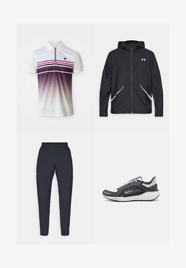 Casaco preto com capuz e fecho de correr, detalhes brancos e logótipo, apresentando mangas compridas e um tecido liso e elegante.; Polo branco com colarinho com zip, riscas horizontais em preto, rosa e púrpura, e desvanecimento gradual de púrpura para branco na parte inferior.; Calças de desporto negras com uma textura suave, corte justo, cintura elástica e bolsos laterais. Apresenta um pequeno logótipo na coxa esquerda.; Sapatilha atlética preta e cinza com parte superior em malha, detalhes reflexivos e uma entressola branca. Apresenta uma sola de borracha texturizada e atacadores.