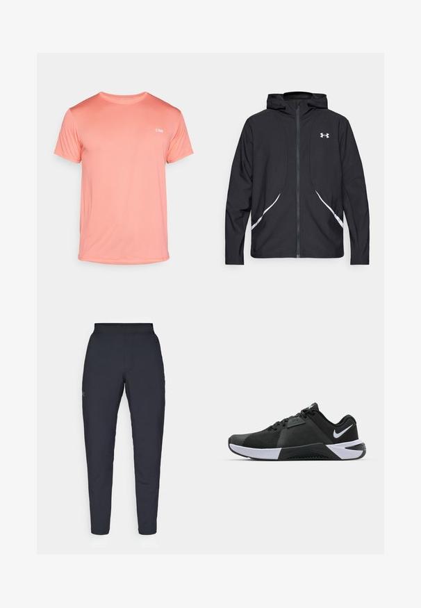 Black zip-up hooded jacket with white accents and logo, featuring long sleeves and a sleek, smooth fabric texture.; Light coral short-sleeve t-shirt made of textured fabric, featuring a round neckline and a small logo in white on the chest.; Black athletic pants with a smooth texture, slim fit, elastic waistband, and side pockets. Features a small logo on the left thigh.; Nike Performance METCON 10 - Training shoe - black/white/anthracite