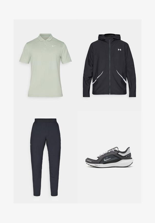 Crna jakna s kapuljačom na patentni zatvarač s bijelim detaljima i logotipom, s dugim rukavima i glatkom, mekanom teksturom tkanine.; Nike Performance NIKECOURT SOLID - Polo majica - jade horizon/white; Crne sportske hlače s glatkom teksturom, uskih krojeva, elastičnim pojasom i bočnim džepovima. Imaju mali logo na lijevom bedru.; Crne i sive atletske cipele s mrežastim gornjim dijelom, reflektirajućim detaljima i bijelim među-djelom. Imaju strukturiranu gumenu potplate i vezice.