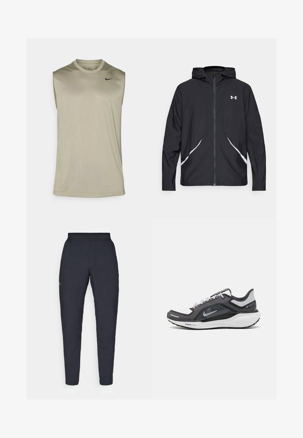 Veste à capuche noire zippée avec accents et logo blancs, dotée de manches longues et d'une texture de tissu lisse et élégante.; Nike Performance TEE RESET - Débardeur - light army/black; Pantalons de sport noirs avec une texture lisse, coupe slim, taille élastique et poches latérales. Présente un petit logo sur la cuisse gauche.; Baskets de sport noires et grises avec un empeigne en maille, des accents réfléchissants et un intermédiaire blanc. Comprend une semelle extérieure en caoutchouc texturé et des lacets.