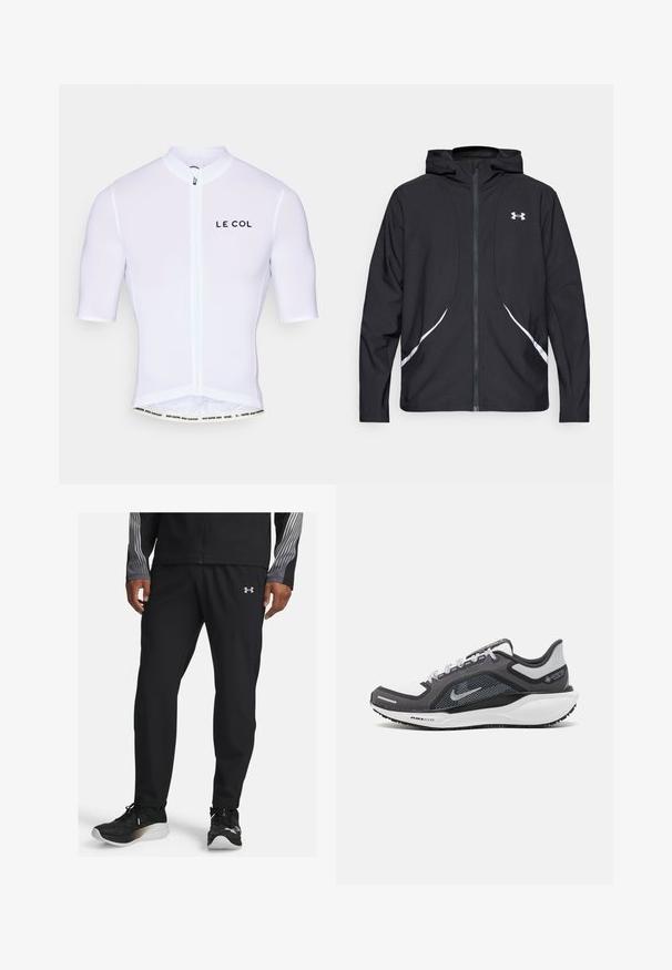 Črna jakna s kapuco na zadrgo z belimi poudarki in logotipom, z dolgimi rokavi in gladko, sijočo tkanino.; Bela kolesarska majica s kratkimi rokavi, sprednjim zadrgo in logotipom "LE COL". Gladek material s prilegajočo se obliko in kontrastnim napisom na pasu.; Črne športne hlače iz lahkega materiala, z ožjim dizajnom in elastičnim pasom. Poudarjene z majhnim logotipom spredaj.; Črne in sive atletske čevlje z mrežasto zgornjim delom, odsevnimi detajli in belim srednjim podplatom. Imajo strukturiran gumijast podplat in vezalke.