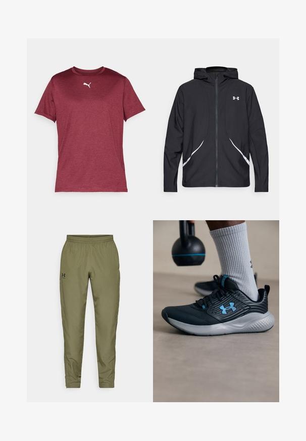 Black zip-up hooded jacket with white accents and logo, featuring long sleeves and a sleek, smooth fabric texture.; Maroon short-sleeve t-shirt made of smooth fabric featuring a white Puma logo on the chest, with a ribbed crew neckline.; Olive green athletic pants with an elastic waistband, tapered legs, a smooth texture, and a small black logo on the left side.; Black athletic shoe with blue accents, textured upper, and gray sole. Worn with gray ribbed socks, beside a black kettlebell.