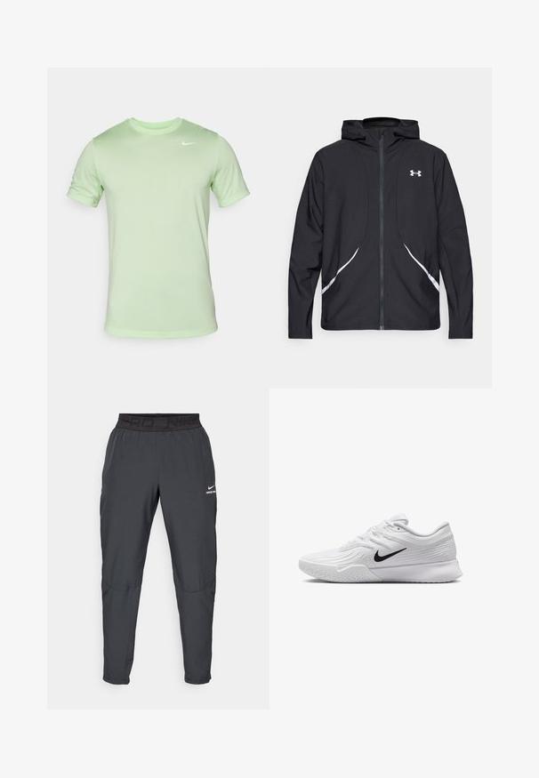 Črna jakna s kapuco na zadrgo z belimi poudarki in logotipom, z dolgimi rokavi in gladko, sijočo tkanino.; Nike Performance TEE RESET - Športne majice - vapor green/white; Nike Pro hlače v temno sivi barvi, z črnim elastičnim pasom z napisom "PRD" in "NIKE PRO", gladkim materialom, ožjim oblikovanjem ter diskretnimi šivi.; Bela športna čeveljca z teksturiranim mrežastim zgornjim delom, črn Nike znak, oblazinjen ovratnik in gumijast podplat s profilom.